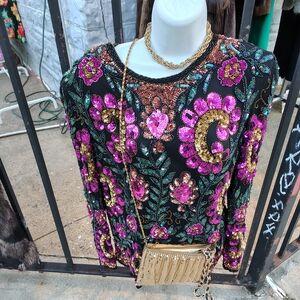 Vintage Leslie Fay Black Top with Pink and Gold Floral Embroidery